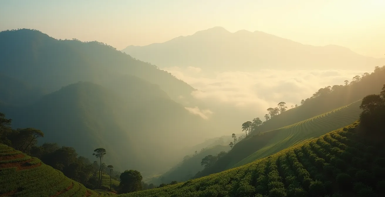 Vue panoramique d'une plantation de café en altitude