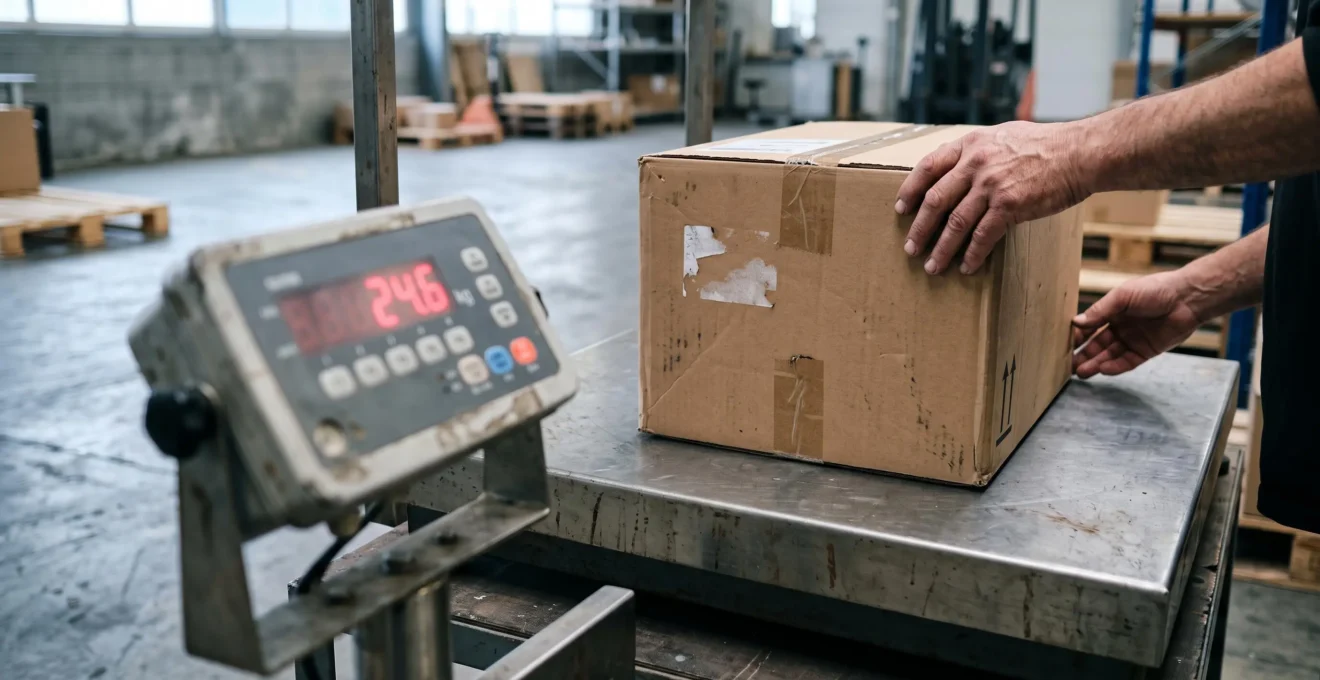 Des mains positionnent un carton sur un pèse-colis dans un atelier logistique.