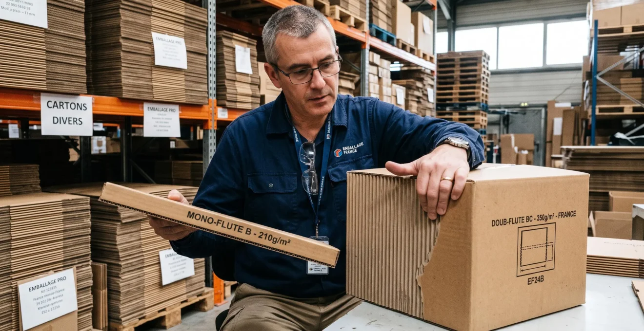 Un acheteur compare l'épaisseur de cannelure de deux cartons dans un stockage.