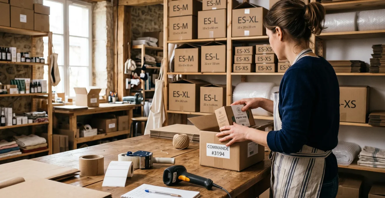 Une emballatrice glisse un produit dans un carton ajusté dans un atelier e-commerce.