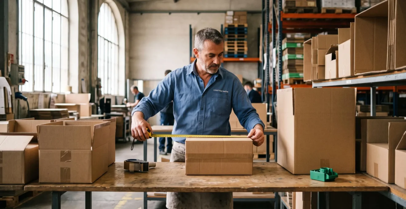 Un préparateur mesure un carton avec un mètre sur une table d'emballage d'entrepôt.